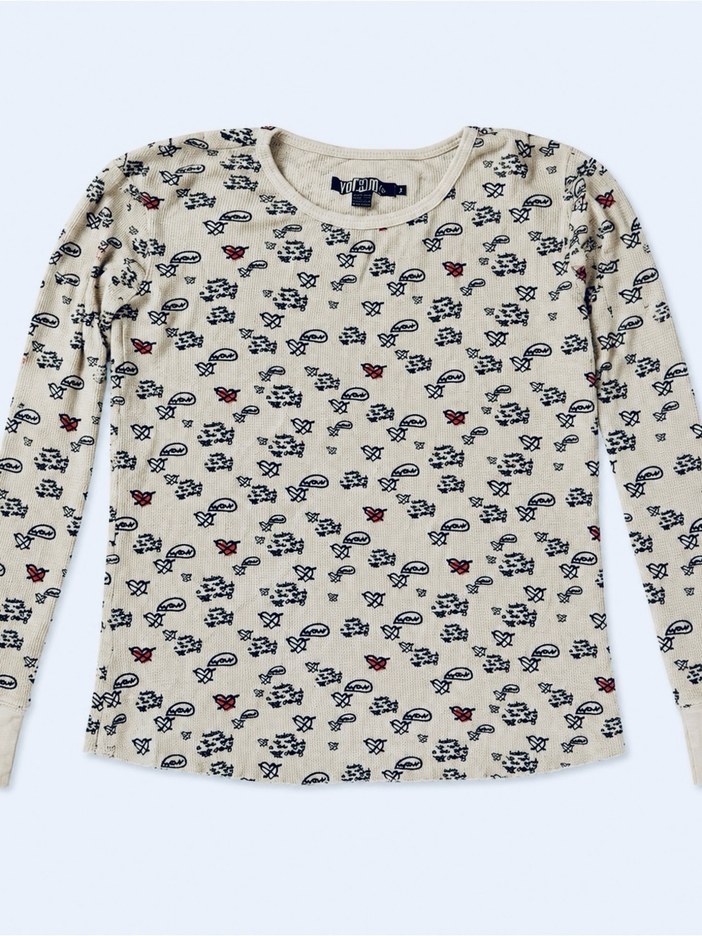 Volcom Cream Long Sleeve Graphic Thermal Tee with Red & Black Prints